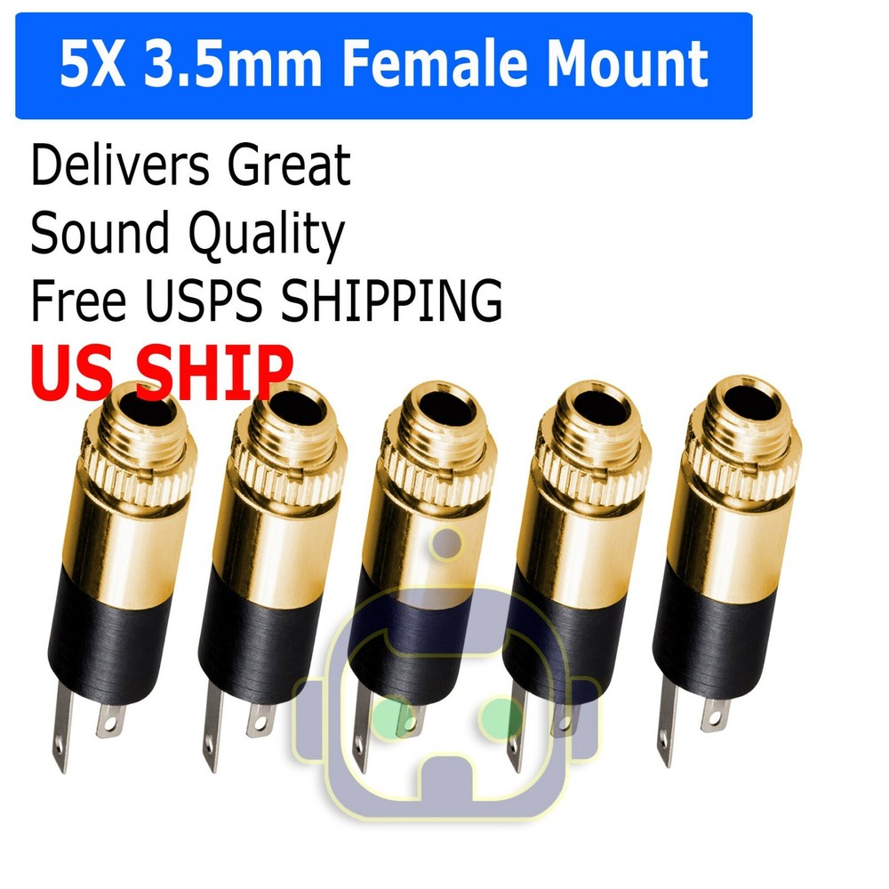 5 Pack HQ Gold Plated 3.5mm Stereo Female Audio Jack Connector Panel Mount