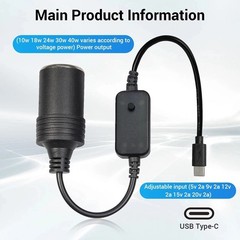 USB C Male to 12V Car Cigarette Lighter Socket Female Converter Adapter Power Ca