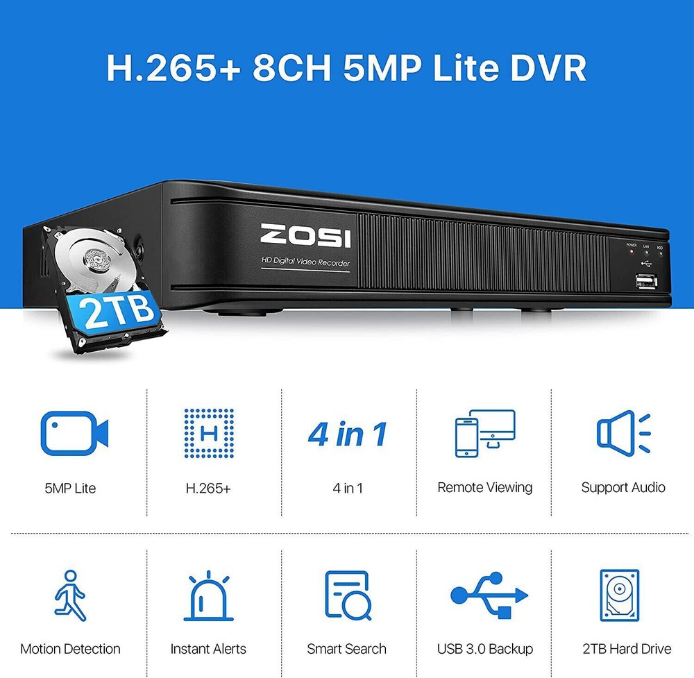 ZOSI H.265 5Mp-Lite HD 8CH DVR System 2TB Hard Drive AI Human Vehicle Detection