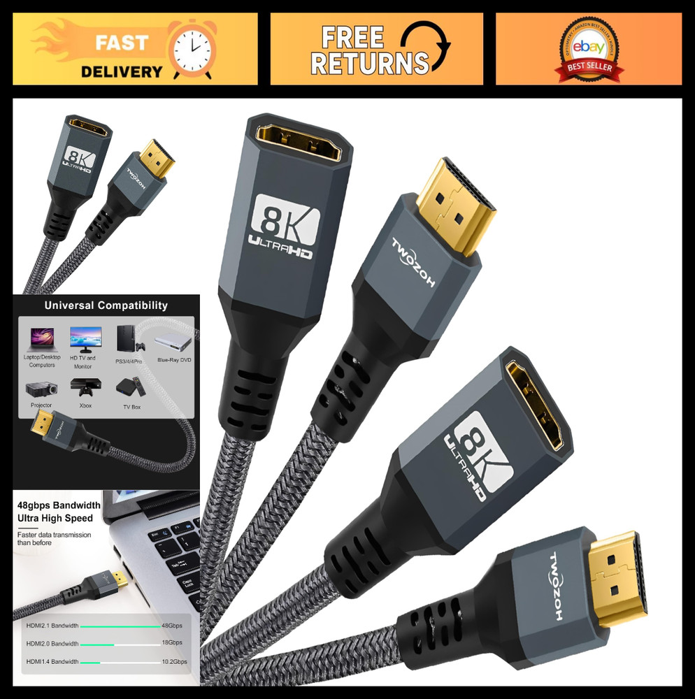 8K HDMI Extension Cable 2-Pack, Male to Female, Nylon Braided, 48Gbps, 5FT, 4K@1