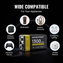 2 Pcs 9 Volt Lithium Ion Rechargeable Batteries 1300mAh with USB-C Type Cable