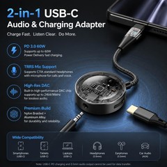 USB C to 3.5mm Audio Adapter with Charging, 2-in-1 PD Fast Charging