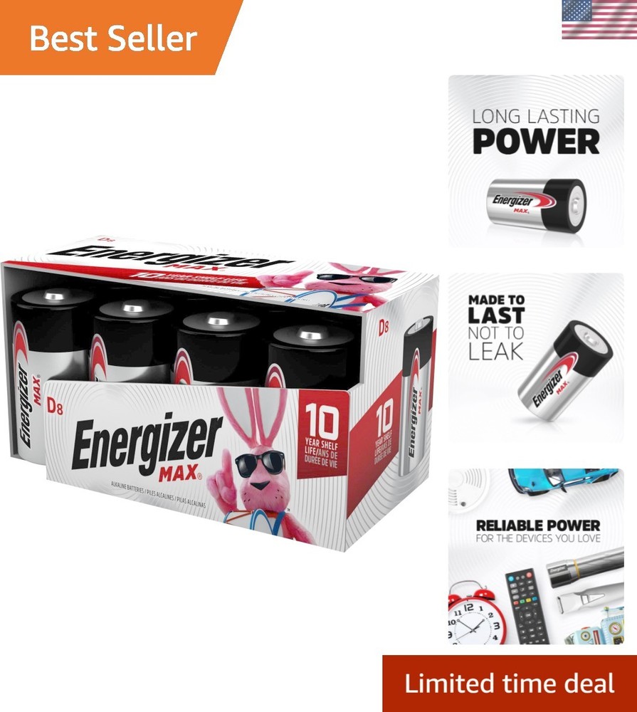 Reliable 8 Count D Batteries – Leak-Resistant Design for Household Use