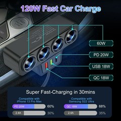 7-in-1 4Way Car Cigarette Lighter Socket Splitter Fast Charger Power Adapter 12V