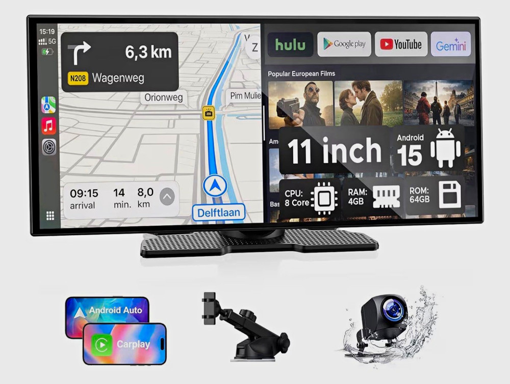 11 in Android 15 Car Navigation Screen with Apple CarPlay & Android Auto