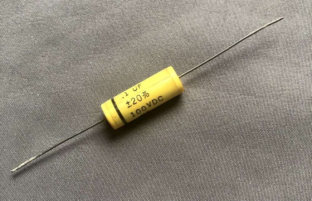 Vintage .1 uF 100V GE Yellow Mylar film Capacitor +-20% Axial lead Polyester 70s