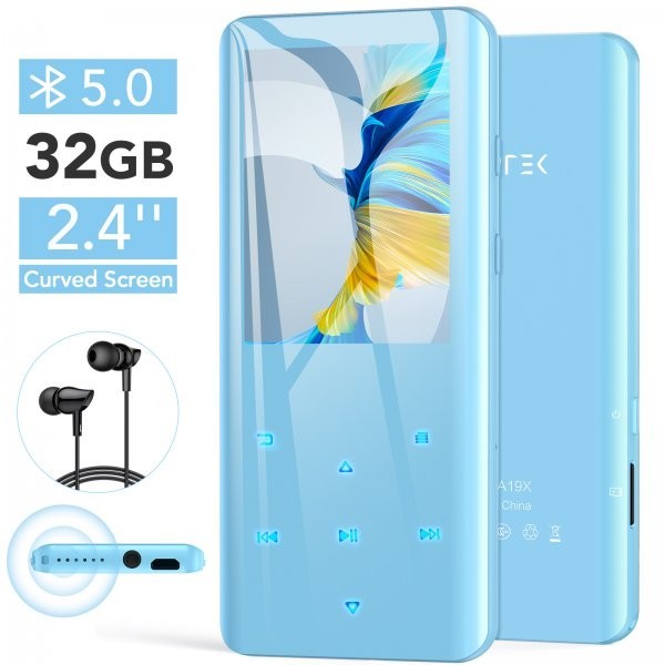 AGPTEK 32GB Bluetooth 5.0 MP3 Music Player 2.4″ Curved Screen Built-in Speaker