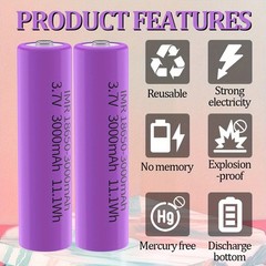 3.7V 3000mAh Li-ion Rechargeable Battery Button Top Cell For Flashlight