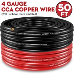 50FT 4 Gauge Power & Ground Cable – Black/Red Copper Clad Aluminum with Lugs & H