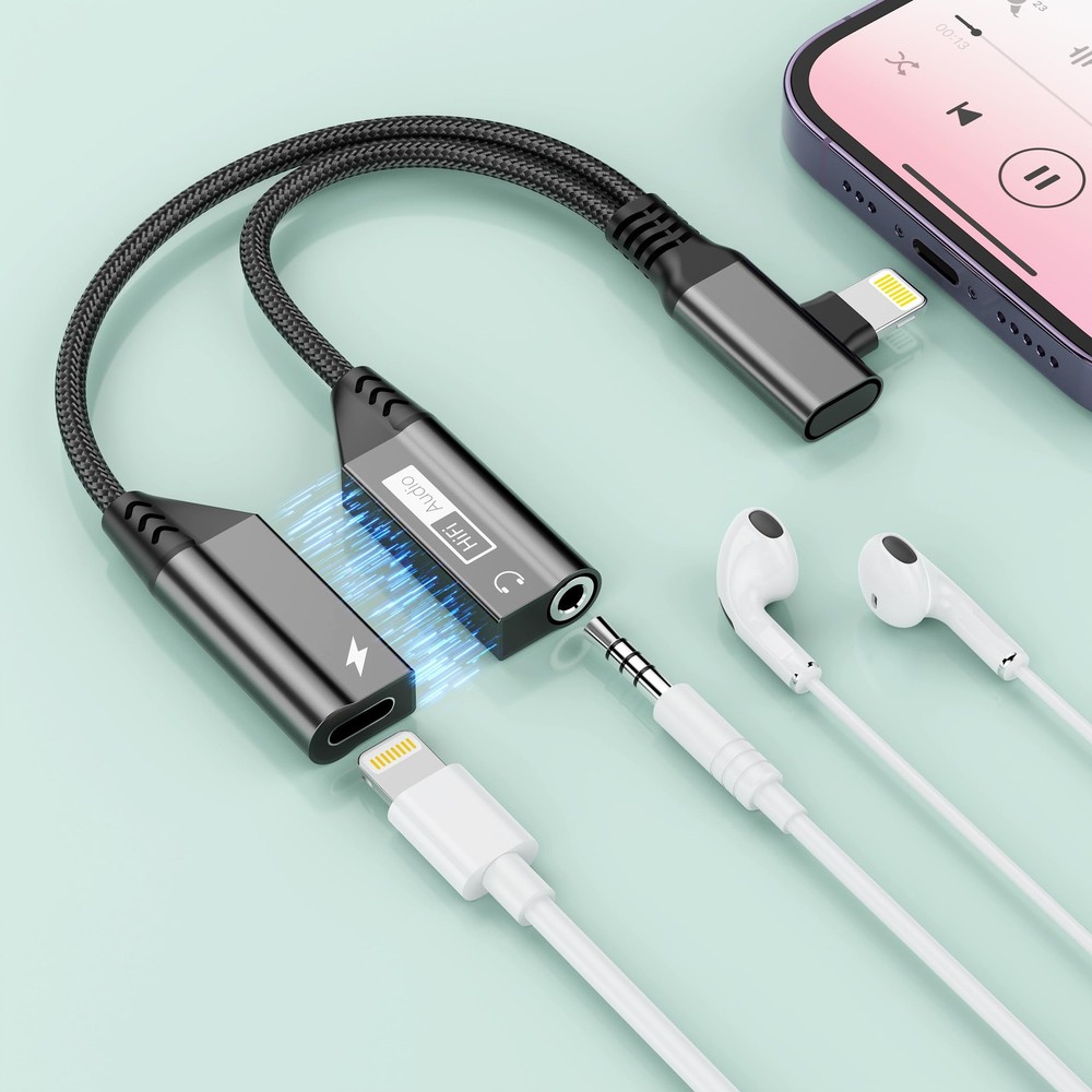 Magnetic 2-IN-1 Right Angle Lightning to 3.5mm Audio Jack Headphone and Charg…