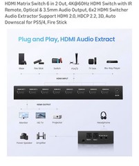 HDMI Matrix Switch 6×2 4K@60Hz IR Remote, Audio Extract, HDCP 2.2