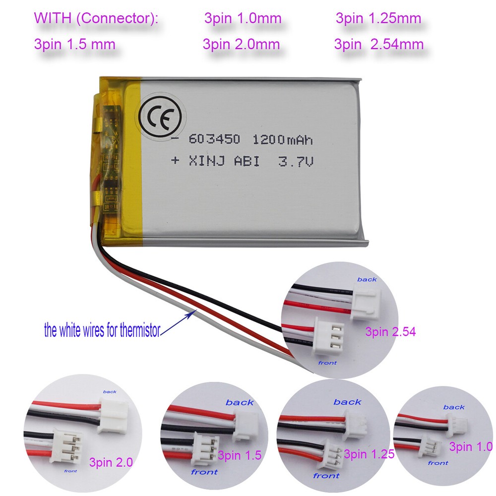 3.7V 1200mAh Polymer Li Lipo Battery 603450 3Pin JST Connector For GPS Camera