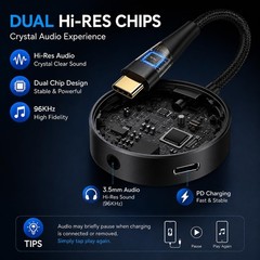 USB C to 3.5mm Audio Adapter with Charging, 2-in-1 PD Fast Charging