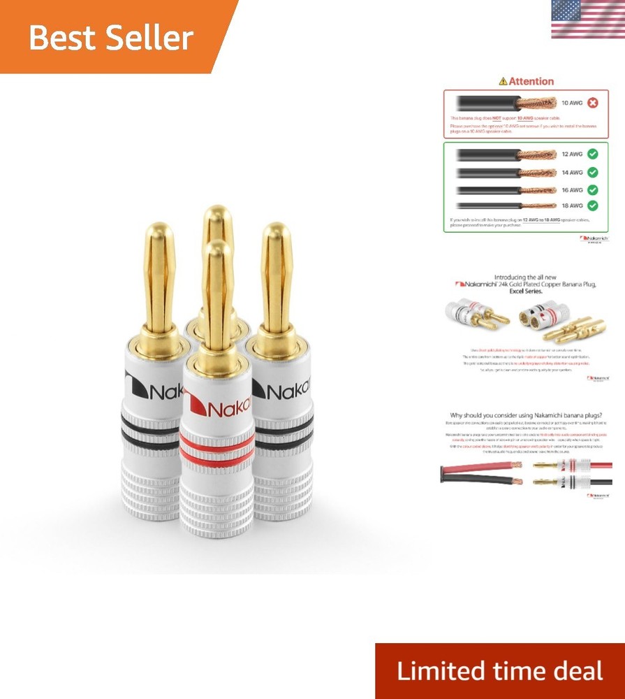 Excel Series 24k Gold Plated Banana Plugs – 4 Pieces, 12-18 AWG for Hi-Fi Audio