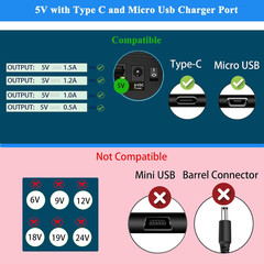 5V 1.5A Power Adapter Charger, DC 5V 1A Power Cord, with USB Type C and Micro