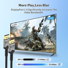 8K DisplayPort 1.4 Cable 32.4Gbps High Speed Transfer Nylon Braided 15 Ft