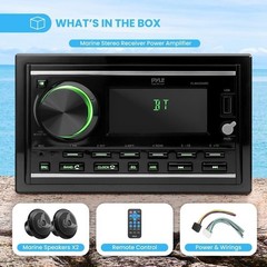 Pyle Marine Stereo Receiver Power Amplifier & Speaker Kit-Double DIN, 30 Preset