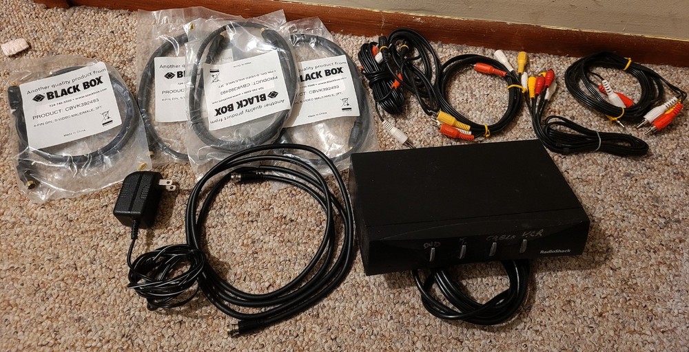 Radio Shack 4-way RF Modulator w/AC adapter & RCA S-Video & Coax Cables 15-1215
