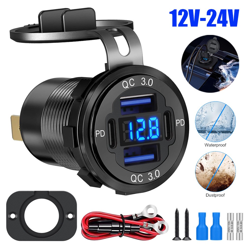 12-24V 4 Port Fast Car Charger QC3.0 & PD USB C Outlet Socket for Boat RV Marine