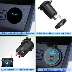 12-24V USB C 3 Port Fast Car Charger PD & QC3.0 Outlet Socket for Boat RV Marine