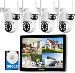 CAMCAMP Wireless Security Camera System with 10.1″ Monitor+4pcs 2K Dual Lens Cam