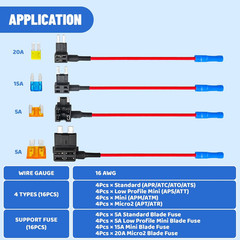 16 Pack 4 Types Fuse Tap,12V Car Add-A-Circuit Fuse Tap Holder | Standard Mini M