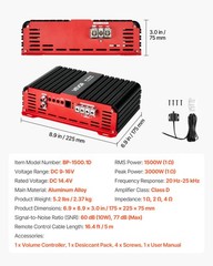 VEVOR Monoblock Car Amplifier Class D Subwoofer Amplifier 1500W RMS 1/2/4 Ohm