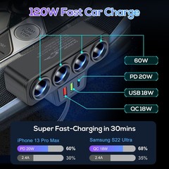 7-in-1 4Way Car Cigarette Lighter Socket Splitter Fast Charger Power Adapter 12V