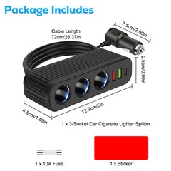 120W 3-Socket Car Cigarette Lighter Splitter Adapter QC3.0/USB3.1A/PD Ports 12V