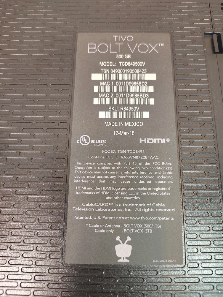 TiVo BOLT VOX TCD849500V 500GB HDD 4K DVR