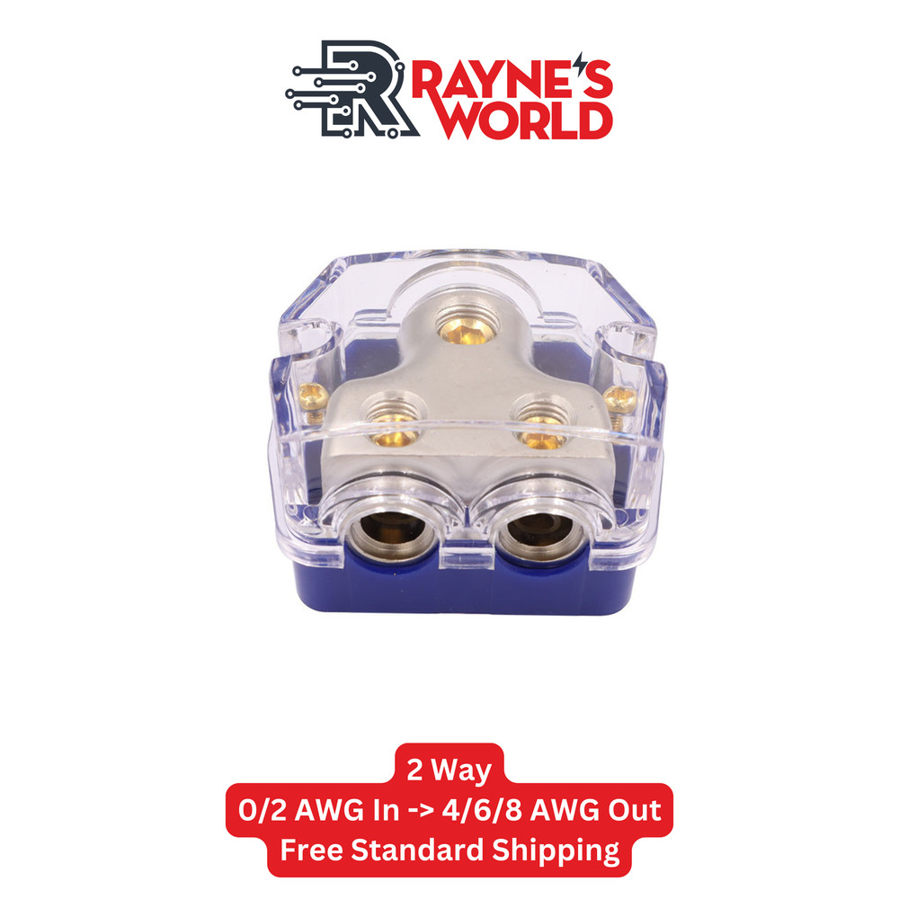 2 Way Blue Distribution Block 0-4 AWG In, 4-8 AWG Out Car Audio Amp Power or …