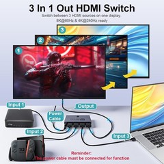 HDMI 2.1 Switch 3 in 1 Out, 8K@60Hz 4K@240Hz/120Hz 48Gbps, HDMI Switcher T01-32