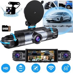 360 Degree 4 Lens 1080P Car Dash Cam Front Rear Inside Side DVR 64GB Memory Card