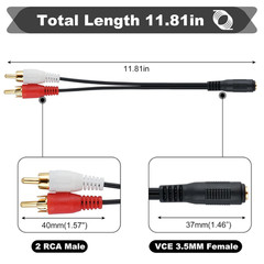 3.5Mm Female to 2 RCA Splitter Male Stereo Audio Y Cable (1Ft), Gold Plated Adap