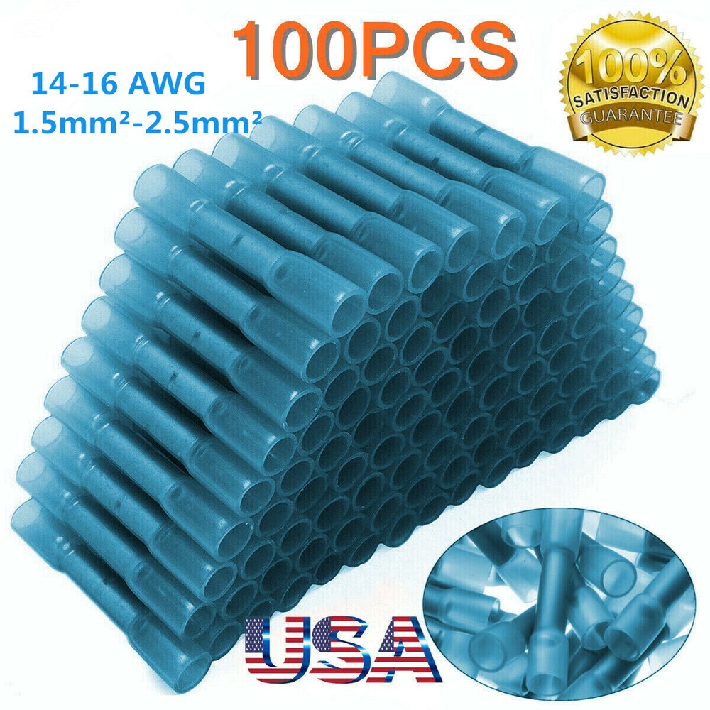 100X BLUE HEAT SHRINK BUTT CONNECTORS WIRE 14-16 GAUGE WATERPROOF WIRING