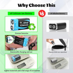 4X 9V Rechargeable Batteries1300mAh &USB 9 Volt Block Battery Cable Battery Clip