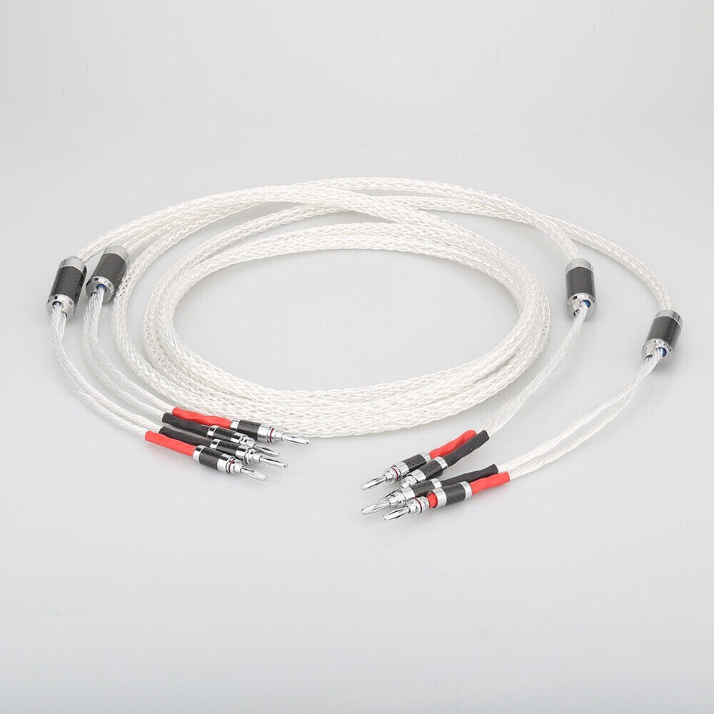 Pair 7N OCC Silver Plate Hifi Speaker Cable Banana To Banana Carbon Fiber Plug