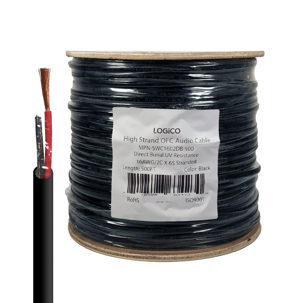 500ft Speaker Wire Audio Cable 16/2 AWG In-Wall Outdoor Direct Burial UV Black