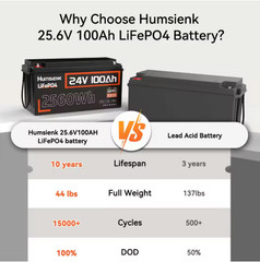 Humsienk 24V 100Ah LiFePO4 Battery 100A BMS 2560W