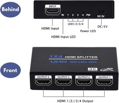 1×4 HDMI Splitter, 1 in 4 Out HDMI Splitter Audio Video Distributor Box Support