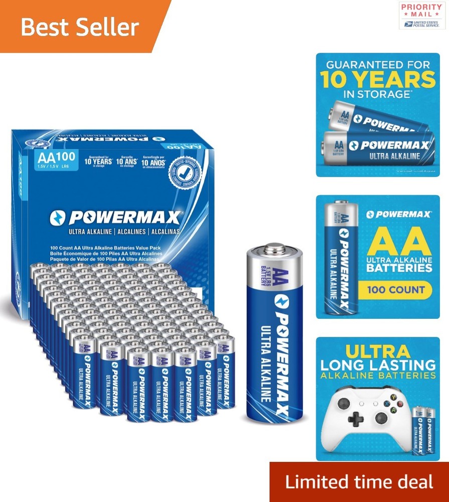 100 Count AA Alkaline Batteries Long Shelf Life 10 for Household Use
