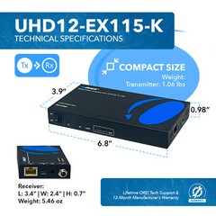 OREI 4K Ultra HD 1×2 HDMI Extender Splitter Over CAT6/7 (UHD12-EX115-K)