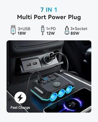 Cigarette Lighter Splitter, 120W Car Charger Adapter with USB & PD, 7 in 1 Multi