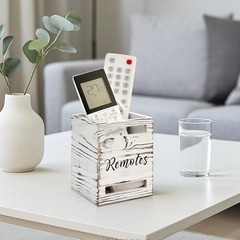 Small Remote Control Holder for Table Bedside Organizer 1 Slot Rustic White
