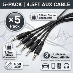 5 Pack 3.5mm Male to Male Stereo AUX Audio Cable 4.5ft Black TRS