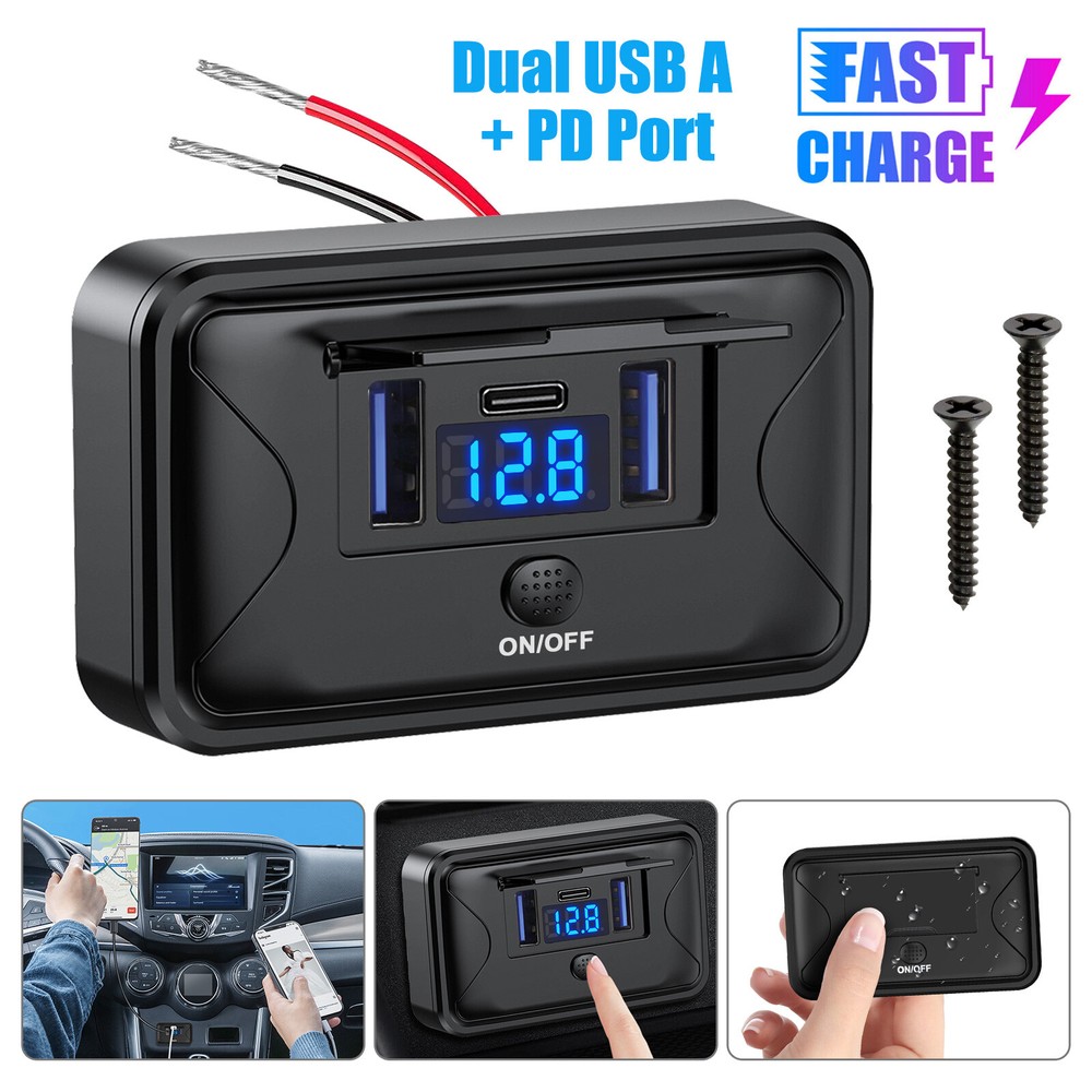 12-24V 3Port Fast Car Charger QC3.0 & PD Outlet Socket On-Off Switch for Boat RV