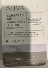ATIVA 939-422 High Speed HDMI Cable With Ethernet (4′) New FREE SHIPPING