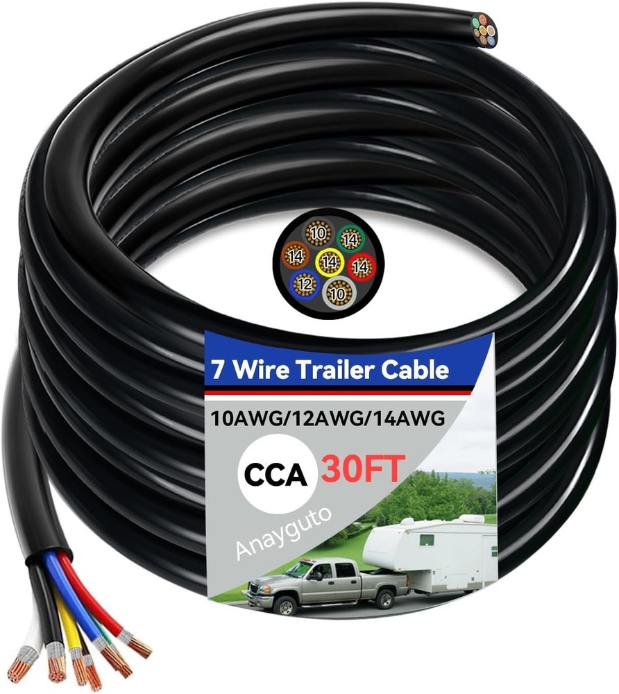 30 FT Heavy Duty 7 Wire Trailer Cable CCA 14/12/10 AWG Multi Gauge Insulated Str