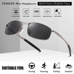 FEISEDY Trendy Polarized Sunglasses For Men Rectangle 58mm, Gun Ash/Grey