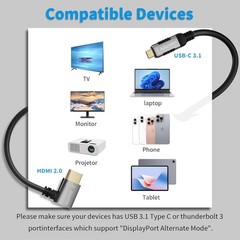 4K@60Hz 2K USB C to Left 90 Degree Angled HDMI Cable 6 Ft, Slim Thin HDR Type C